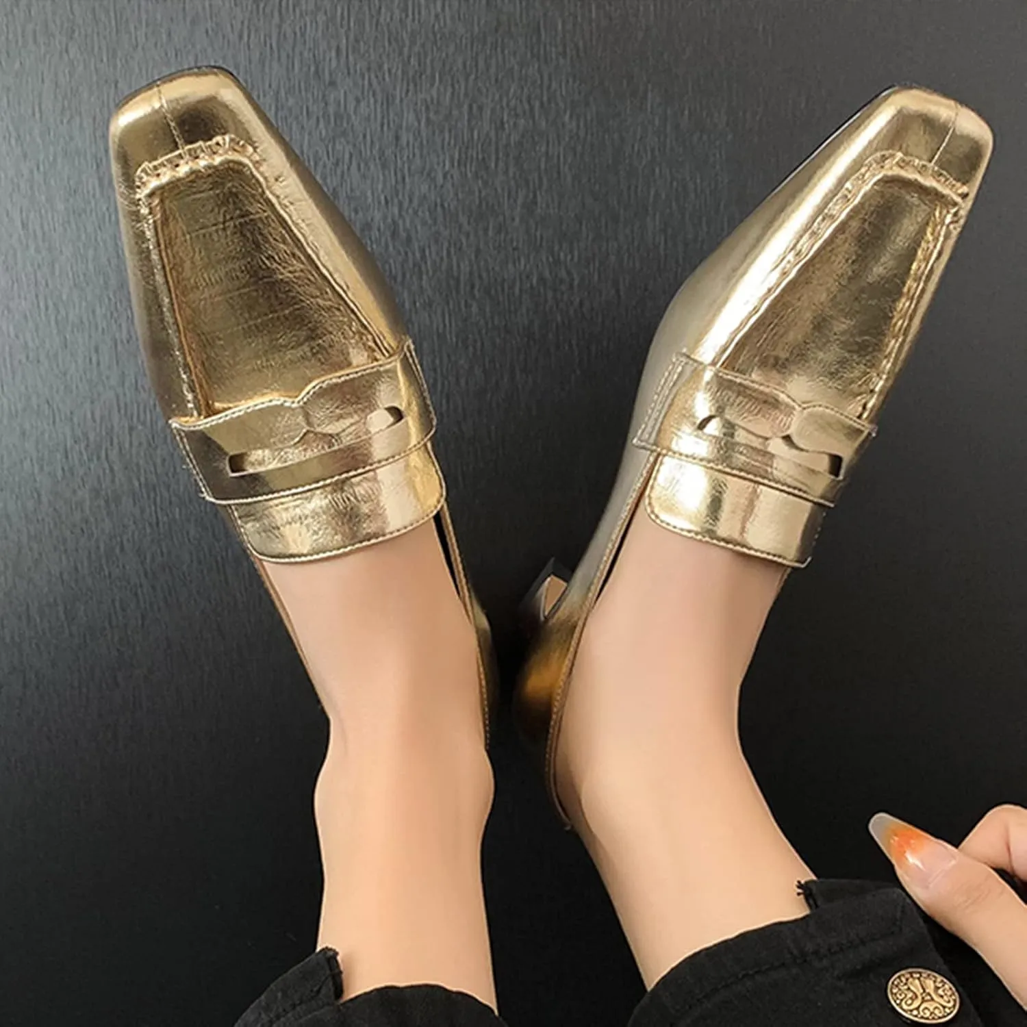 anteikira Women's Loafer Shoes Chunky Heels Closed Toe Metallic Low Heels Slip On Trendy PU Leather Comfortable Casual Dress 1.6 Inch Heel Dating Work Office Pumps for Ladies