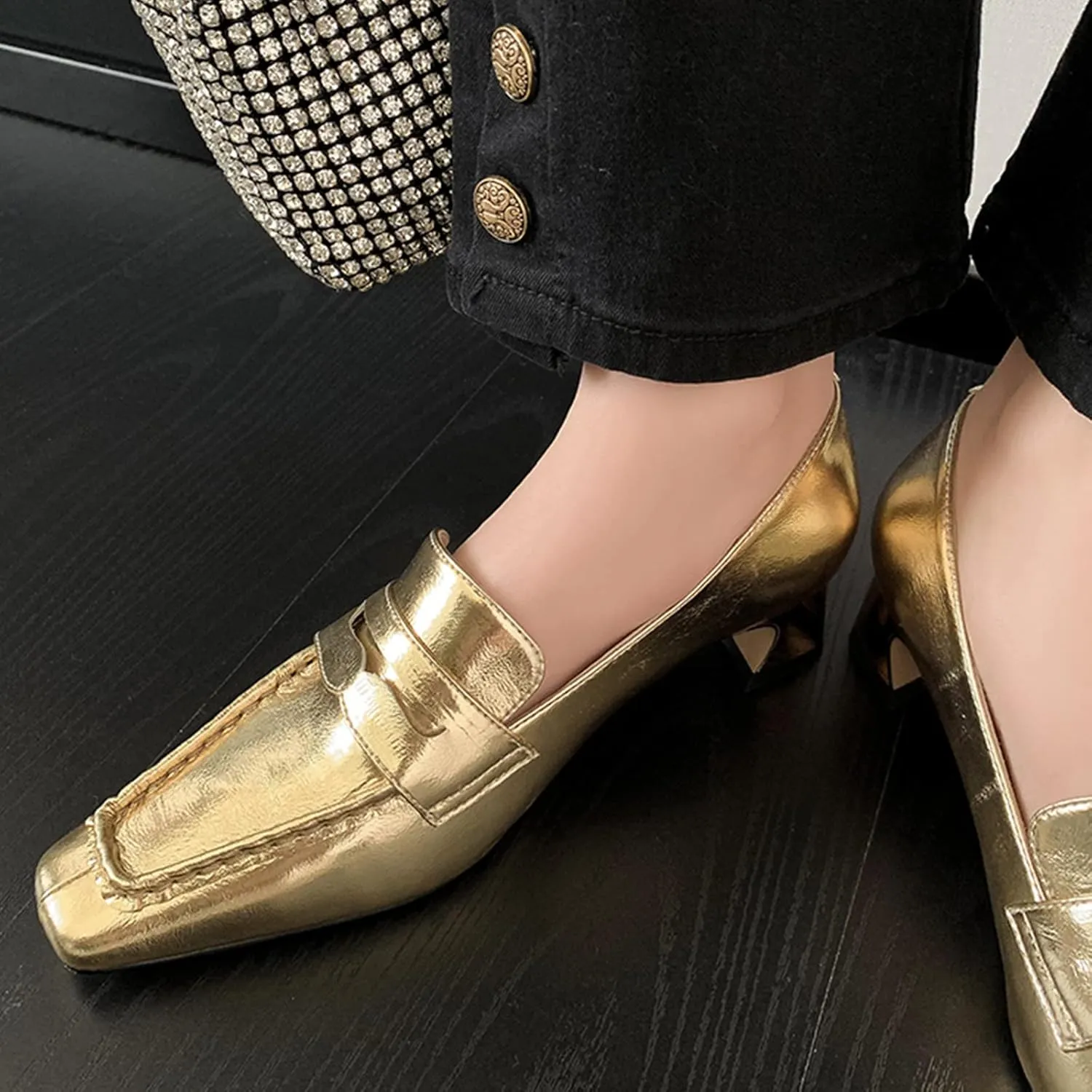 anteikira Women's Loafer Shoes Chunky Heels Closed Toe Metallic Low Heels Slip On Trendy PU Leather Comfortable Casual Dress 1.6 Inch Heel Dating Work Office Pumps for Ladies
