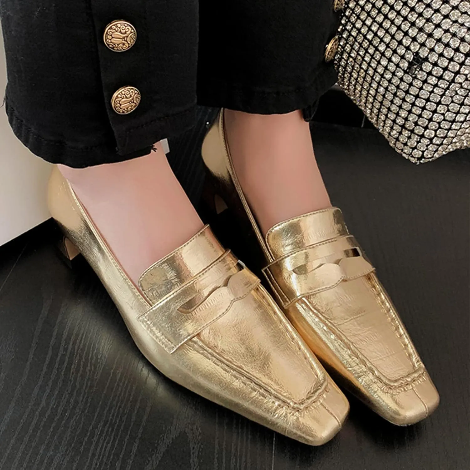 anteikira Women's Loafer Shoes Chunky Heels Closed Toe Metallic Low Heels Slip On Trendy PU Leather Comfortable Casual Dress 1.6 Inch Heel Dating Work Office Pumps for Ladies