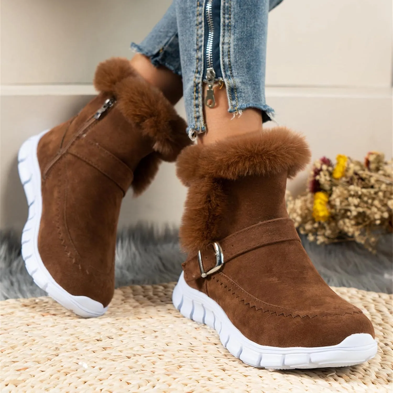 Ladmiple Snow Boots For Women Cute Wide Calf Casual Slip-on Warm Loafers Shoes Fur-Lined Comfortable Winter Ankle Booties