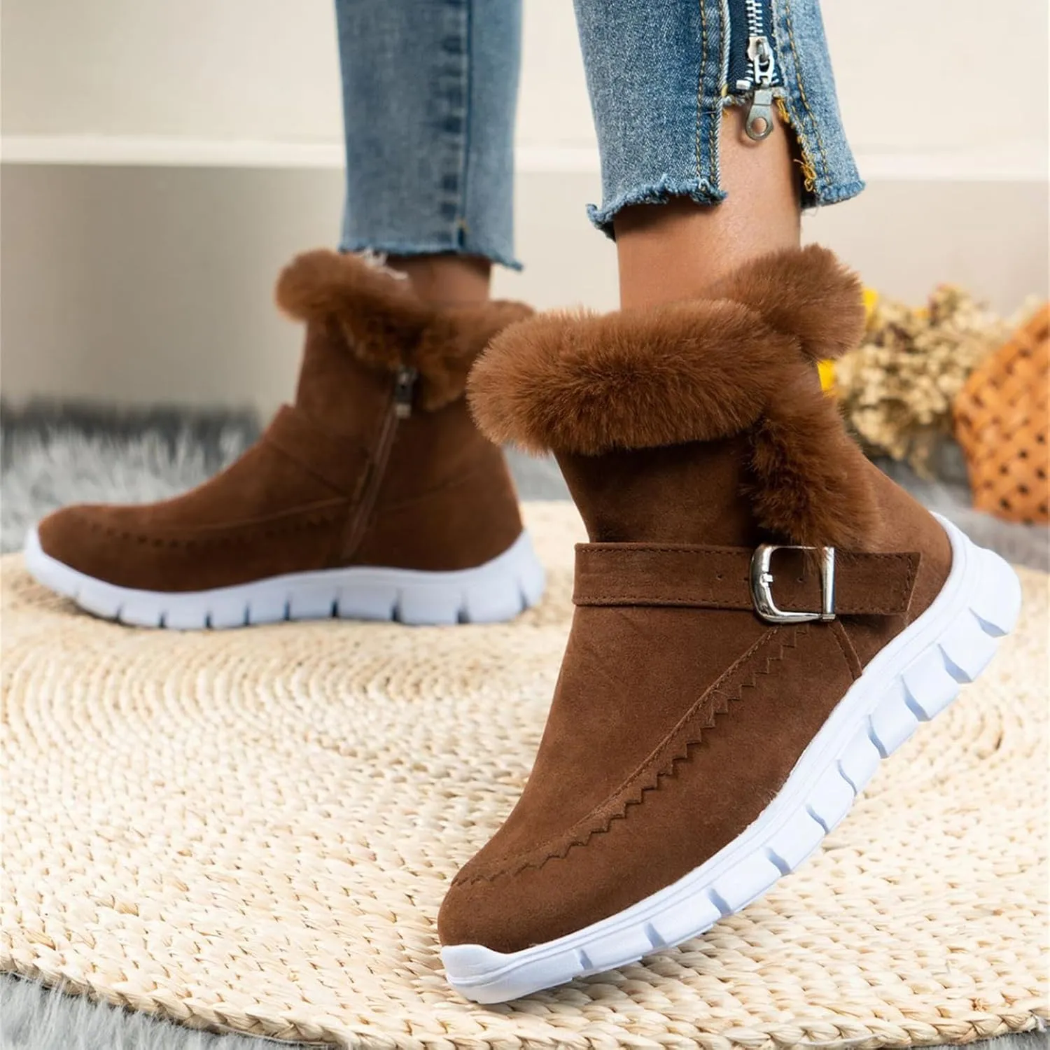 Ladmiple Snow Boots For Women Cute Wide Calf Casual Slip-on Warm Loafers Shoes Fur-Lined Comfortable Winter Ankle Booties