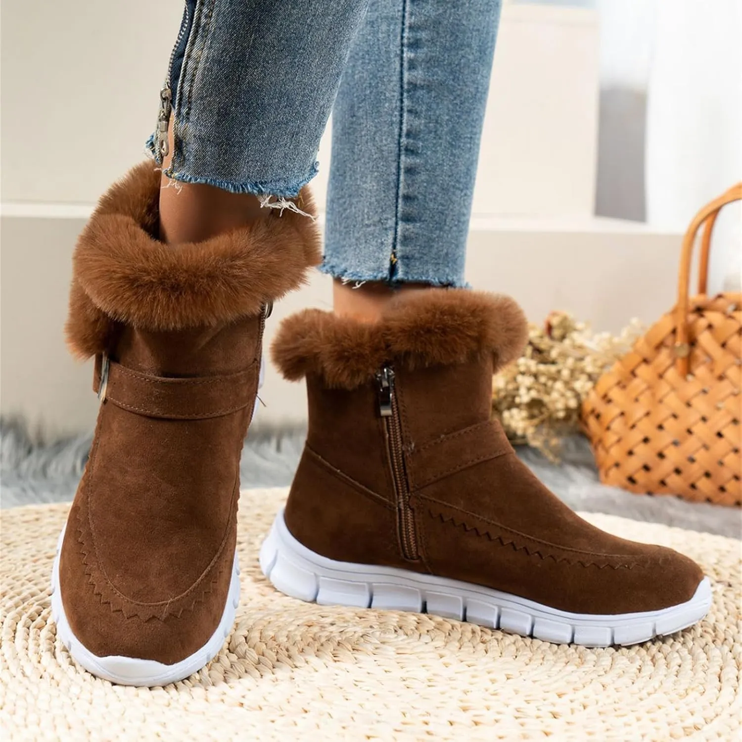 Ladmiple Snow Boots For Women Cute Wide Calf Casual Slip-on Warm Loafers Shoes Fur-Lined Comfortable Winter Ankle Booties
