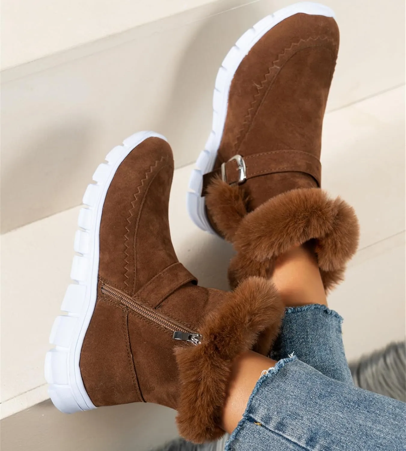 Ladmiple Snow Boots For Women Cute Wide Calf Casual Slip-on Warm Loafers Shoes Fur-Lined Comfortable Winter Ankle Booties