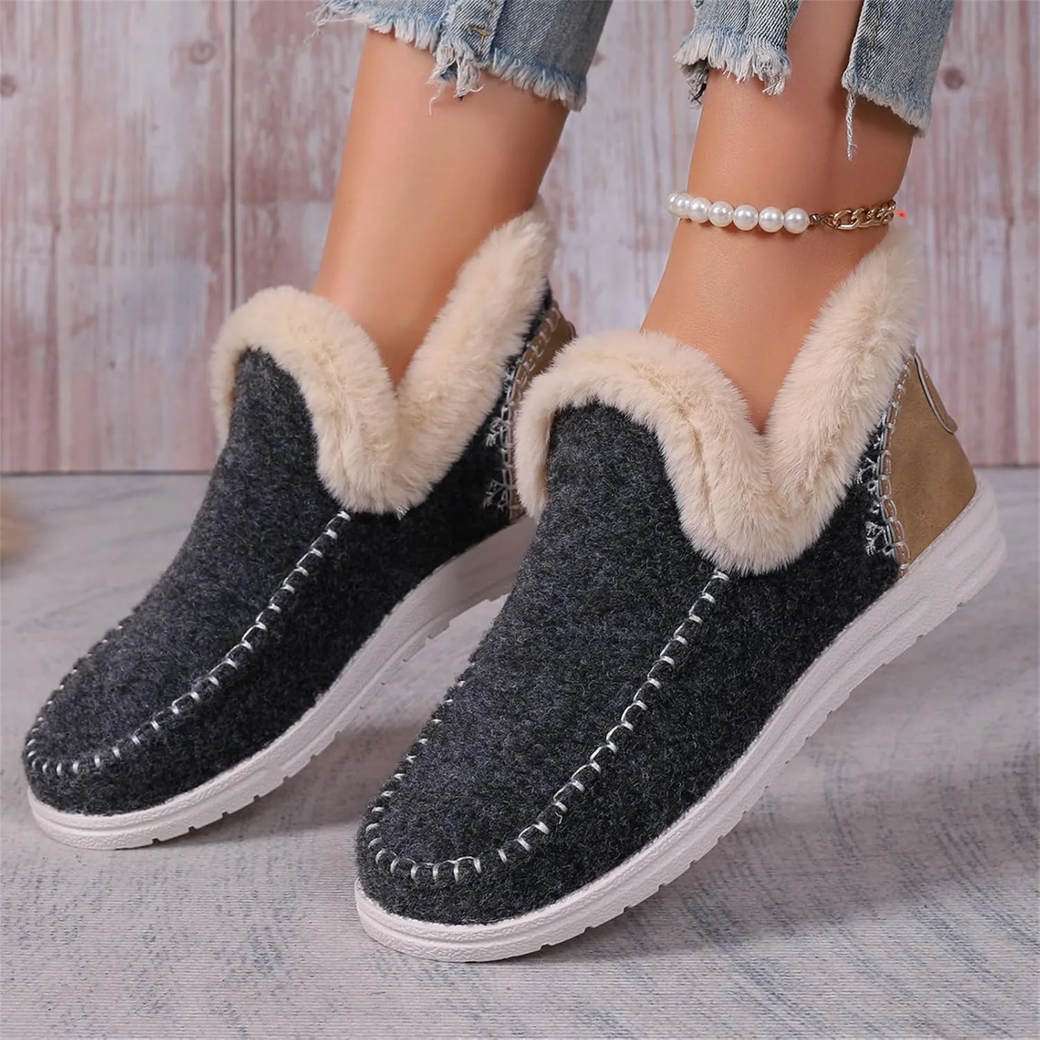 Lausiuoe Boots For Women Ankle Booties Warm Snow Winter Fuzzy Booties Flat Cute Silp On Comfortable Casual Loafers Shoes 2024
