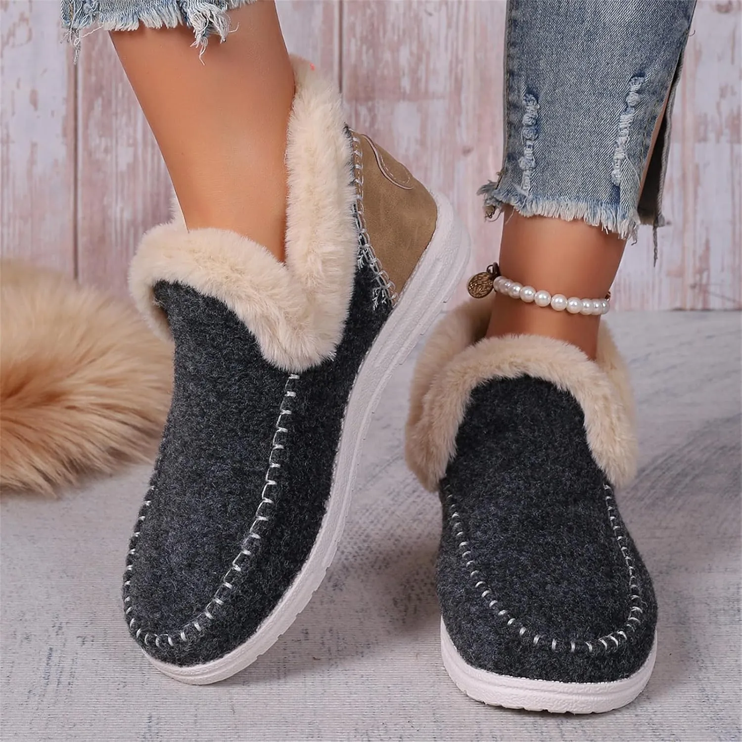 Lausiuoe Boots For Women Ankle Booties Warm Snow Winter Fuzzy Booties Flat Cute Silp On Comfortable Casual Loafers Shoes 2024