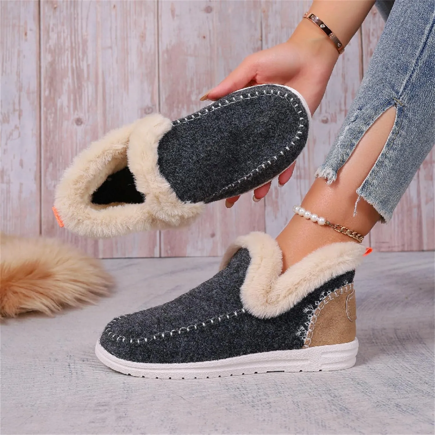 Lausiuoe Boots For Women Ankle Booties Warm Snow Winter Fuzzy Booties Flat Cute Silp On Comfortable Casual Loafers Shoes 2024