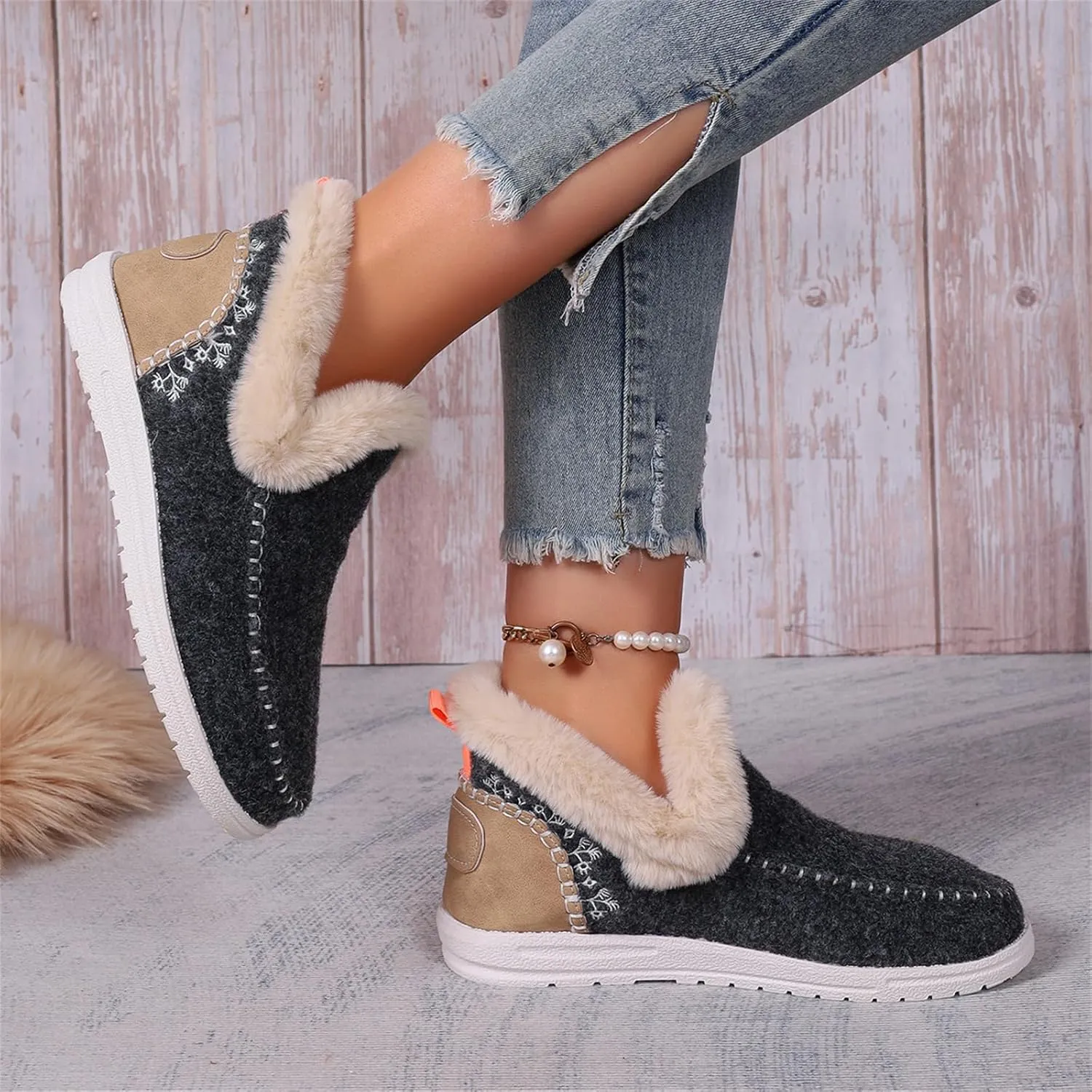 Lausiuoe Boots For Women Ankle Booties Warm Snow Winter Fuzzy Booties Flat Cute Silp On Comfortable Casual Loafers Shoes 2024