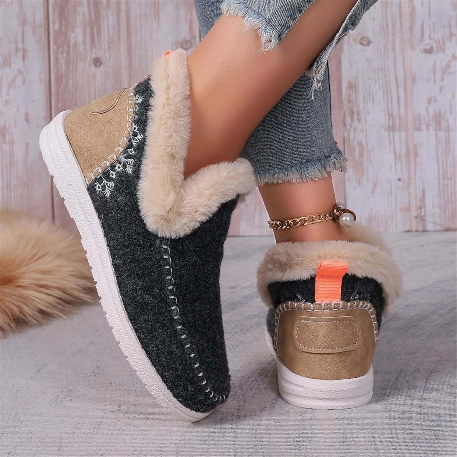 Lausiuoe Boots For Women Ankle Booties Warm Snow Winter Fuzzy Booties Flat Cute Silp On Comfortable Casual Loafers Shoes 2024