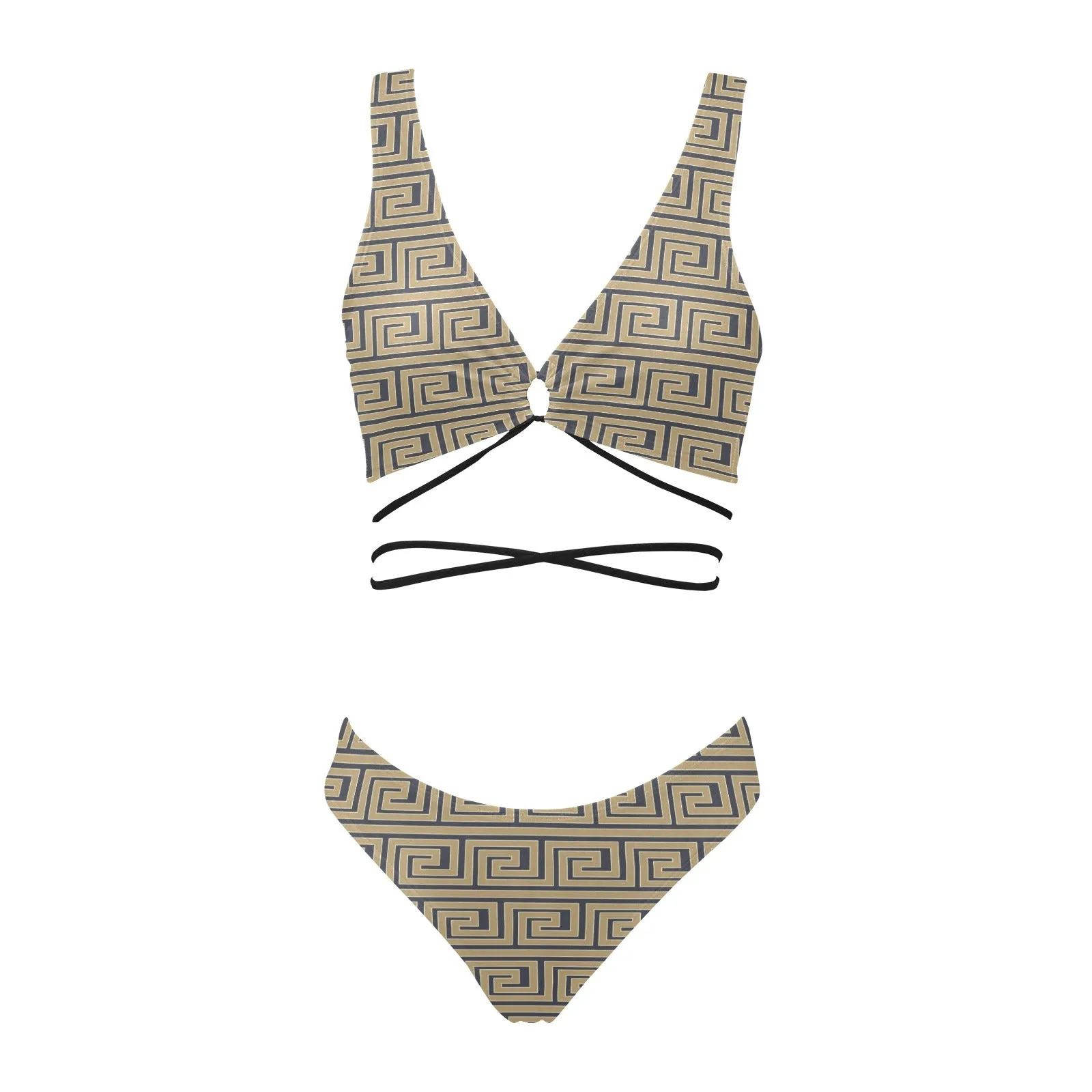 light brown greek key print 78 Cross String Bikini Set (Model S29)