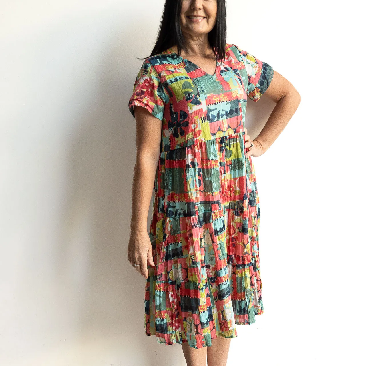 One Summer Tiered Smock Dress - Pop Patch Olive Pink