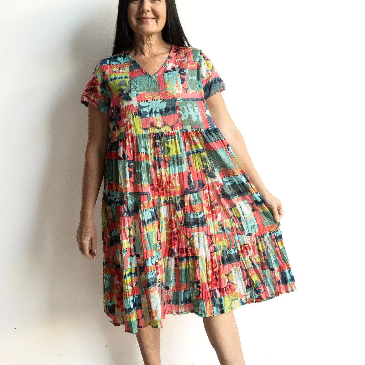 One Summer Tiered Smock Dress - Pop Patch Olive Pink