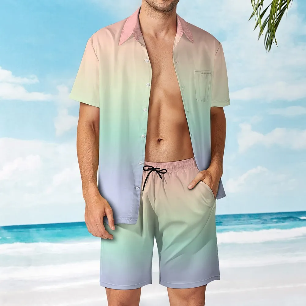Pastel Ombre Shirt Shorts Outfit Set Men, Gradient Tie Dye Hawaiian Button Beach Suit Male Guys Summer Short Sleeve Button Up Down Wedding