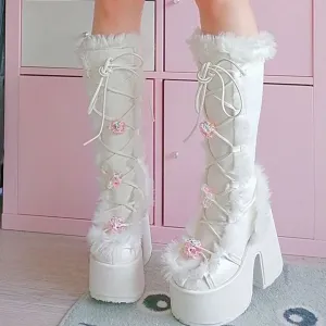 Y2K Aesthetic Kawaii Winter Fur Platform Boots Y2K Aesthetic Kawaii Winter Fur Platform Boots